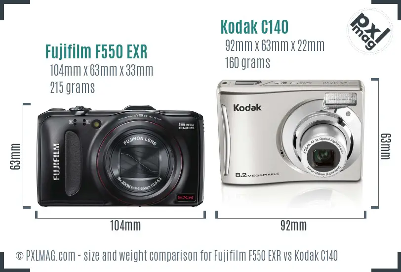 Fujifilm F550 EXR vs Kodak C140 size comparison