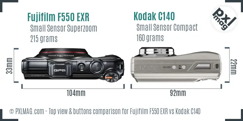 Fujifilm F550 EXR vs Kodak C140 top view buttons comparison