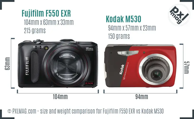 Fujifilm F550 EXR vs Kodak M530 size comparison