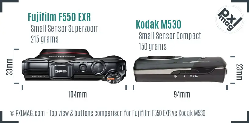 Fujifilm F550 EXR vs Kodak M530 top view buttons comparison