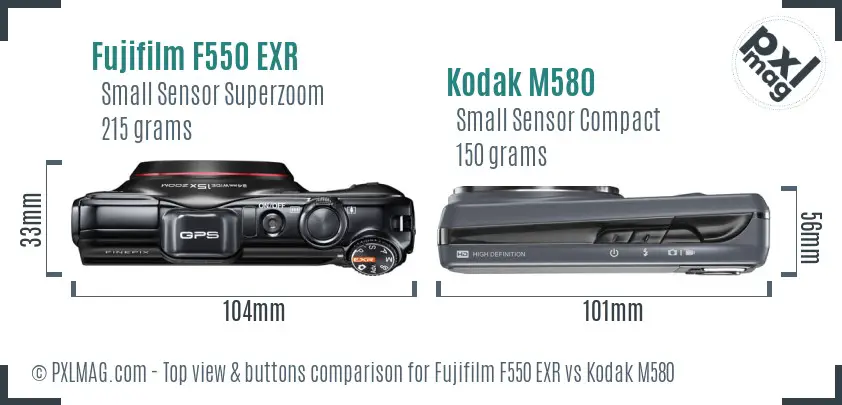 Fujifilm F550 EXR vs Kodak M580 top view buttons comparison