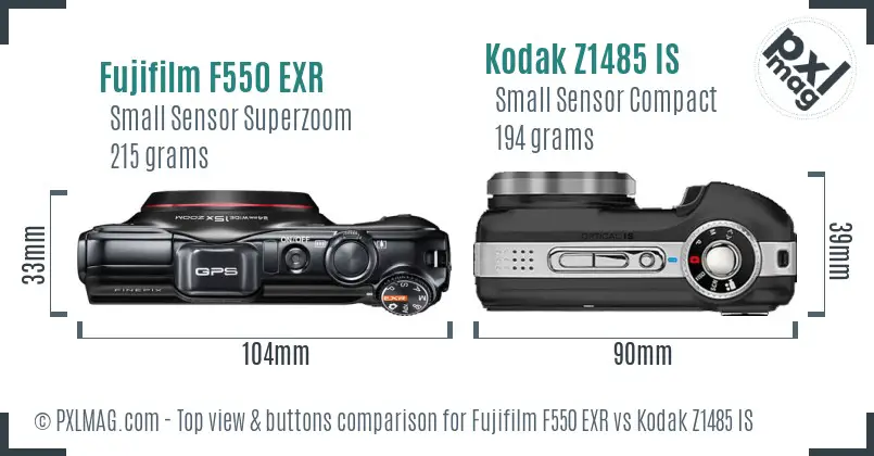 Fujifilm F550 EXR vs Kodak Z1485 IS top view buttons comparison Fujifilm F550 EXR vs Kodak Z1485 IS top view buttons comparison