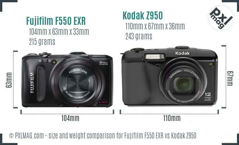 Fujifilm F550 EXR vs Kodak Z950 size comparison