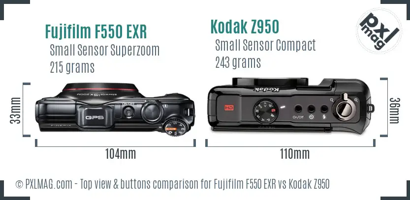 Fujifilm F550 EXR vs Kodak Z950 top view buttons comparison