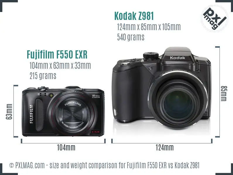 Fujifilm F550 EXR vs Kodak Z981 size comparison