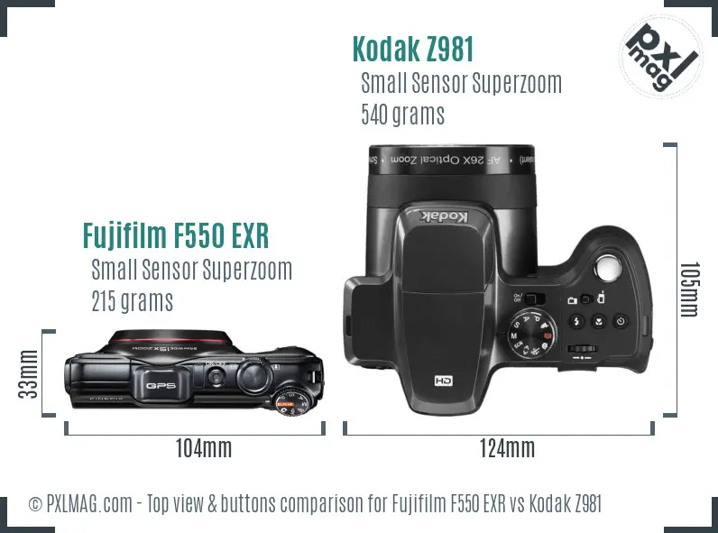 Fujifilm F550 EXR vs Kodak Z981 top view buttons comparison