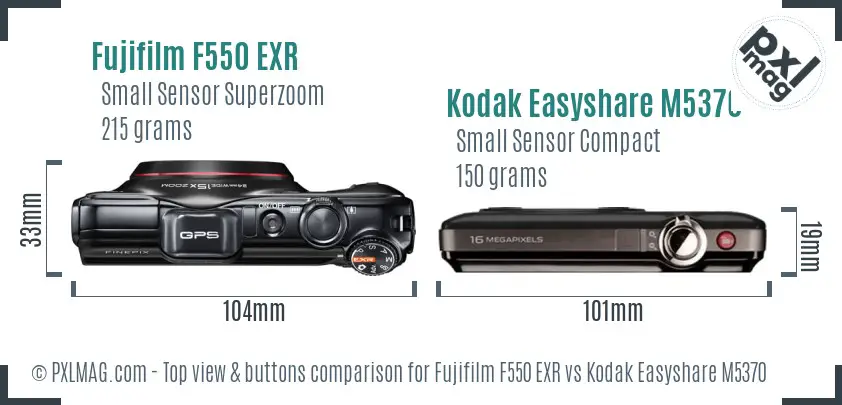 Fujifilm F550 EXR vs Kodak Easyshare M5370 top view buttons comparison
