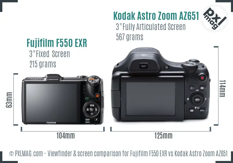 Fujifilm F550 EXR vs Kodak Astro Zoom AZ651 Screen and Viewfinder comparison