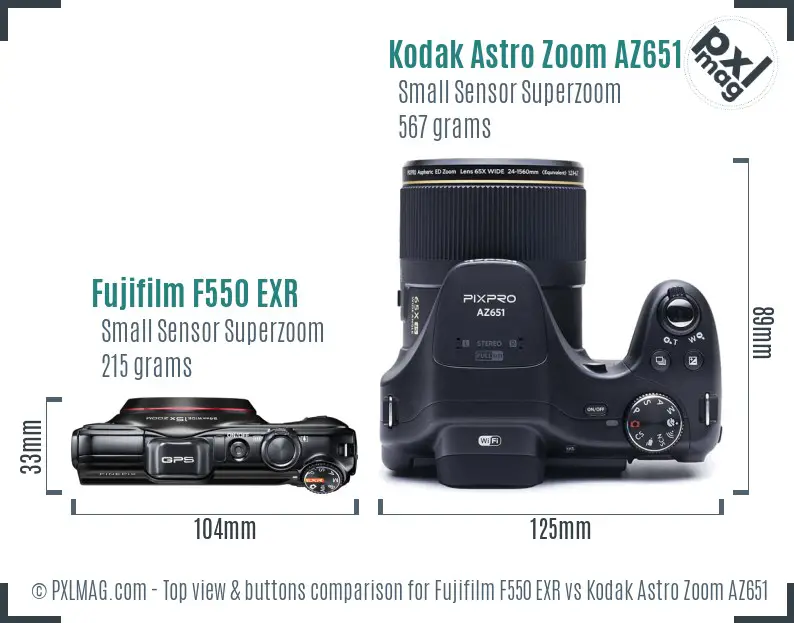 Fujifilm F550 EXR vs Kodak Astro Zoom AZ651 top view buttons comparison