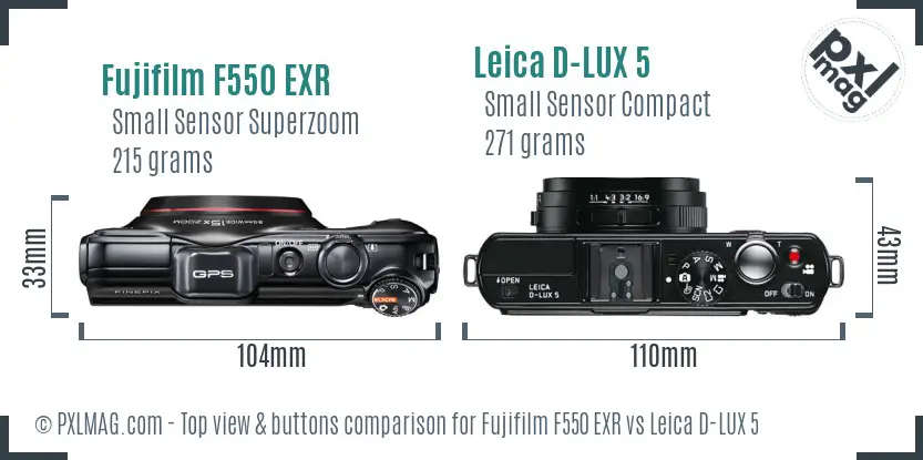 Fujifilm F550 EXR vs Leica D-LUX 5 top view buttons comparison
