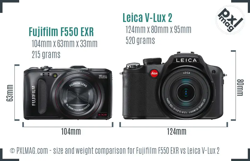 Fujifilm F550 EXR vs Leica V-Lux 2 size comparison