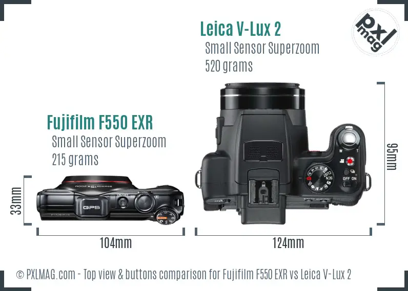 Fujifilm F550 EXR vs Leica V-Lux 2 top view buttons comparison