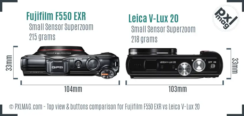 Fujifilm F550 EXR vs Leica V-Lux 20 top view buttons comparison