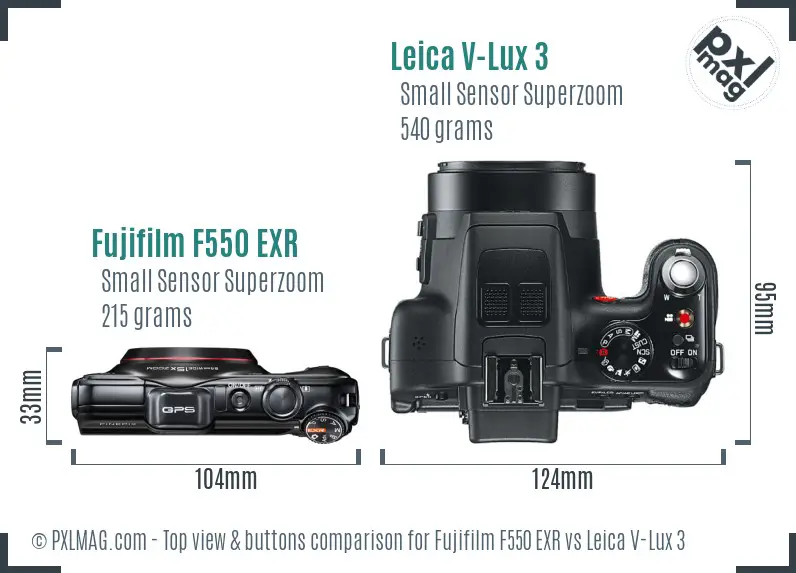Fujifilm F550 EXR vs Leica V-Lux 3 top view buttons comparison