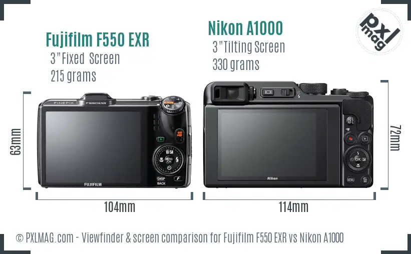 Fujifilm F550 EXR vs Nikon A1000 Screen and Viewfinder comparison