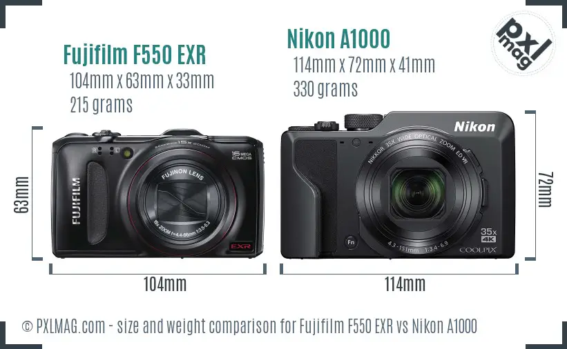 Fujifilm F550 EXR vs Nikon A1000 size comparison