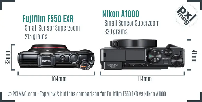 Fujifilm F550 EXR vs Nikon A1000 top view buttons comparison