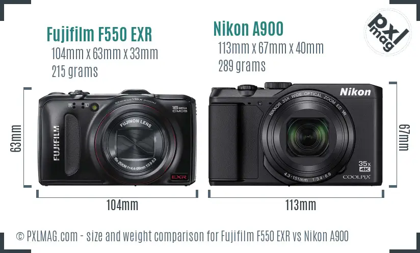 Fujifilm F550 EXR vs Nikon A900 size comparison
