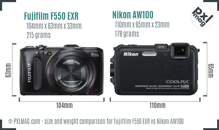 Fujifilm F550 EXR vs Nikon AW100 size comparison