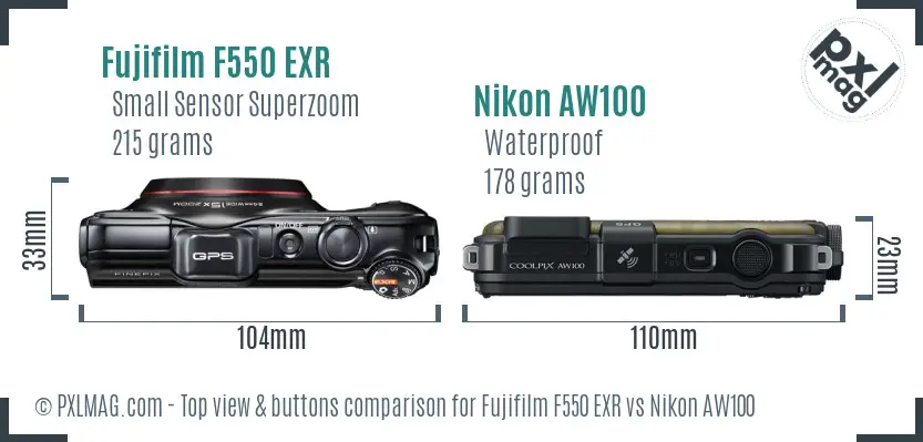 Fujifilm F550 EXR vs Nikon AW100 top view buttons comparison