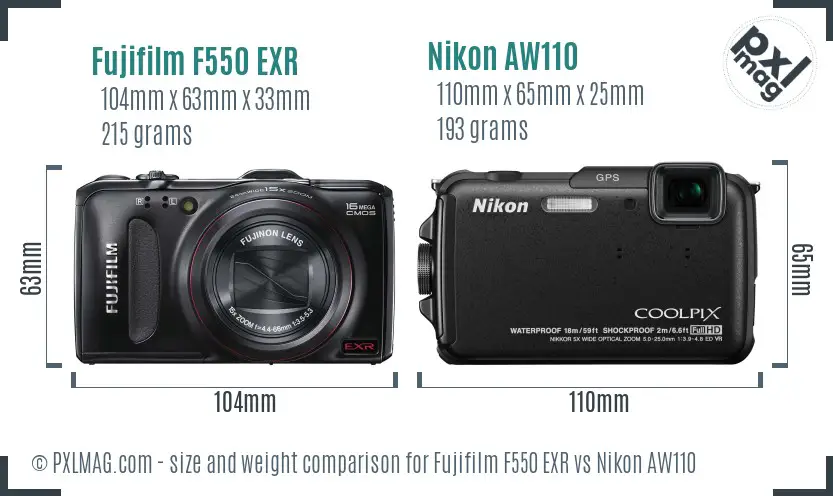 Fujifilm F550 EXR vs Nikon AW110 size comparison