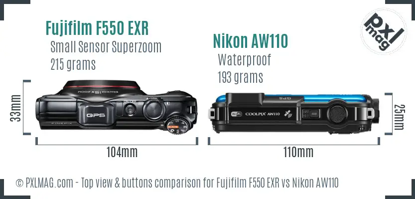Fujifilm F550 EXR vs Nikon AW110 top view buttons comparison