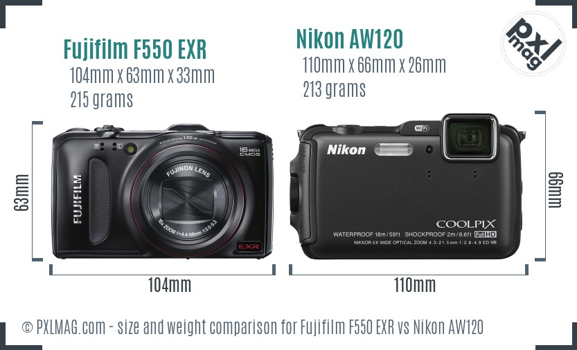 Fujifilm F550 EXR vs Nikon AW120 size comparison