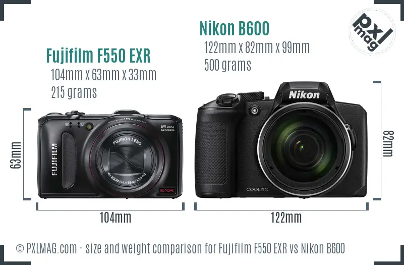 Fujifilm F550 EXR vs Nikon B600 size comparison