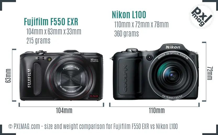 Fujifilm F550 EXR vs Nikon L100 size comparison