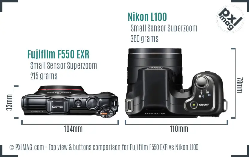 Fujifilm F550 EXR vs Nikon L100 top view buttons comparison