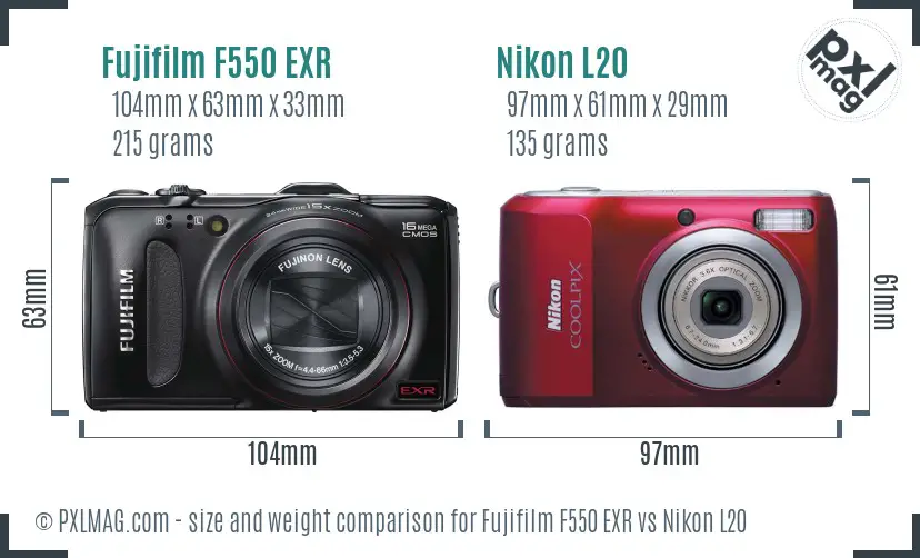 Fujifilm F550 EXR vs Nikon L20 size comparison