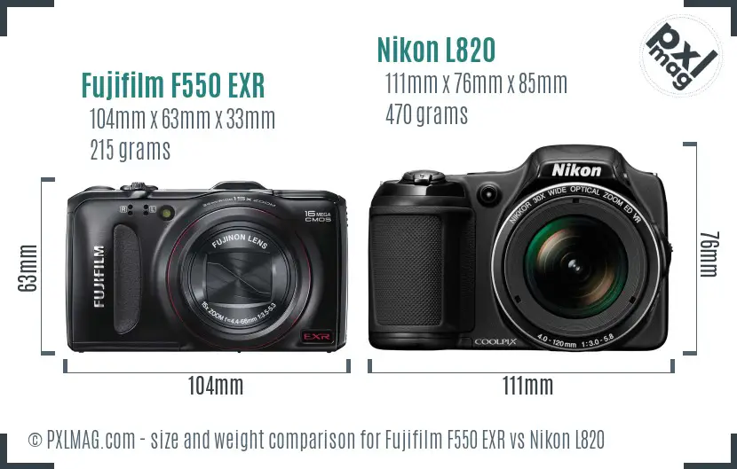 Fujifilm F550 EXR vs Nikon L820 size comparison