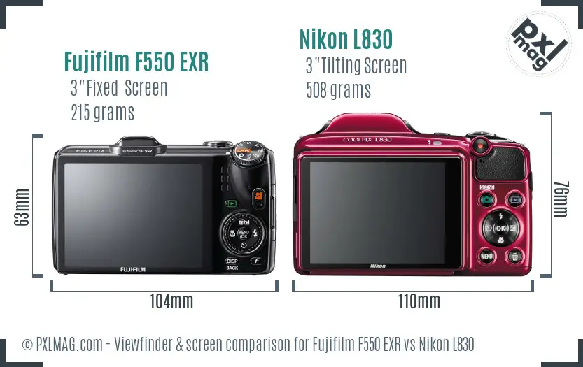 Fujifilm F550 EXR vs Nikon L830 Screen and Viewfinder comparison