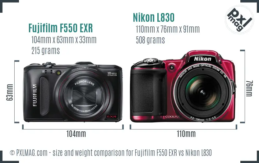 Fujifilm F550 EXR vs Nikon L830 size comparison