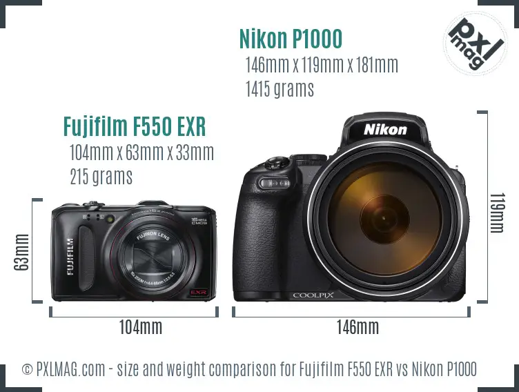 Fujifilm F550 EXR vs Nikon P1000 size comparison