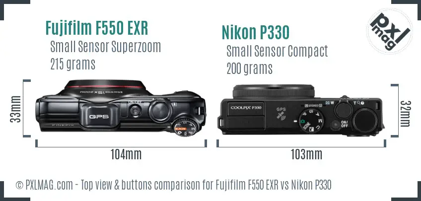 Fujifilm F550 EXR vs Nikon P330 top view buttons comparison