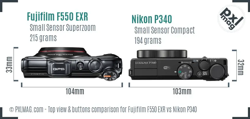 Fujifilm F550 EXR vs Nikon P340 top view buttons comparison Fujifilm F550 EXR vs Nikon P340 top view buttons comparison
