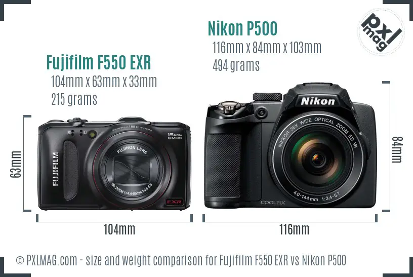 Fujifilm F550 EXR vs Nikon P500 size comparison Fujifilm F550 EXR vs Nikon P500 size comparison