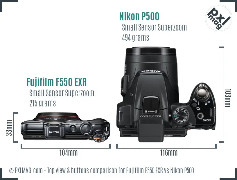 Fujifilm F550 EXR vs Nikon P500 top view buttons comparison Fujifilm F550 EXR vs Nikon P500 top view buttons comparison