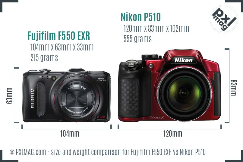 Fujifilm F550 EXR vs Nikon P510 size comparison