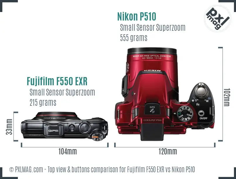 Fujifilm F550 EXR vs Nikon P510 top view buttons comparison