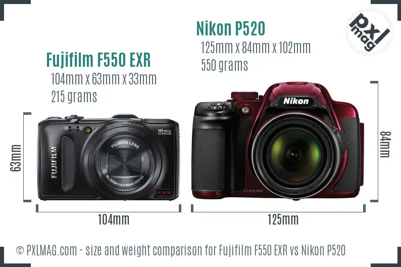 Fujifilm F550 EXR vs Nikon P520 size comparison