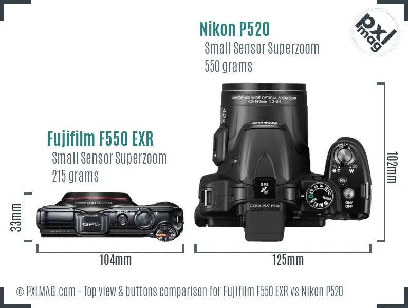 Fujifilm F550 EXR vs Nikon P520 top view buttons comparison