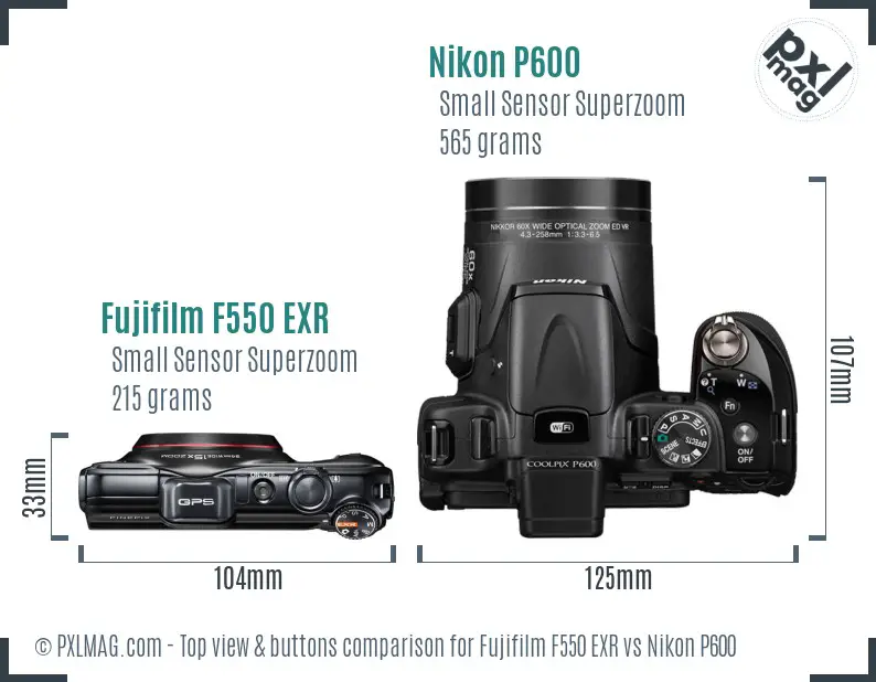 Fujifilm F550 EXR vs Nikon P600 top view buttons comparison