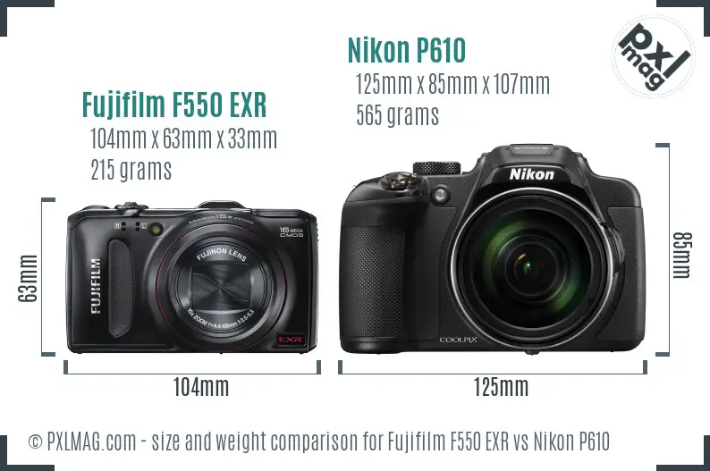 Fujifilm F550 EXR vs Nikon P610 size comparison