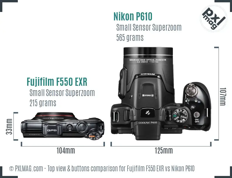 Fujifilm F550 EXR vs Nikon P610 top view buttons comparison