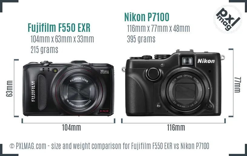 Fujifilm F550 EXR vs Nikon P7100 size comparison