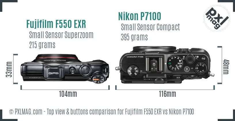 Fujifilm F550 EXR vs Nikon P7100 top view buttons comparison