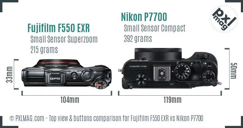 Fujifilm F550 EXR vs Nikon P7700 top view buttons comparison