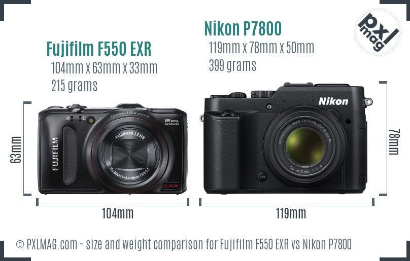 Fujifilm F550 EXR vs Nikon P7800 size comparison